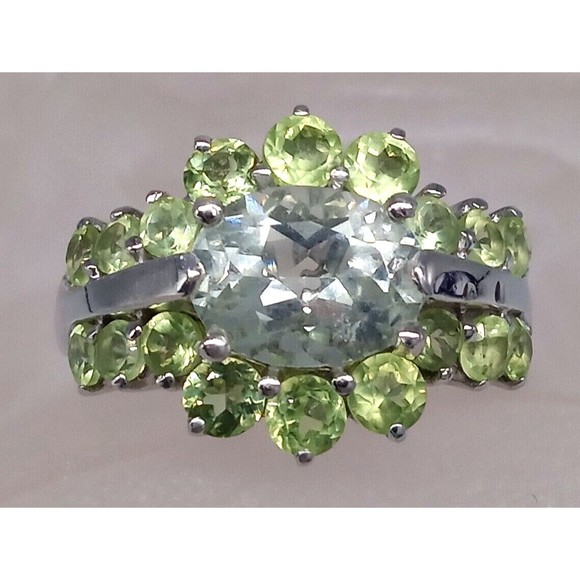 Smoky Quartz Green Peridot Ring Sterling Silver 925 Size 7 Prong Set Sparkly! - Picture 5 of 12